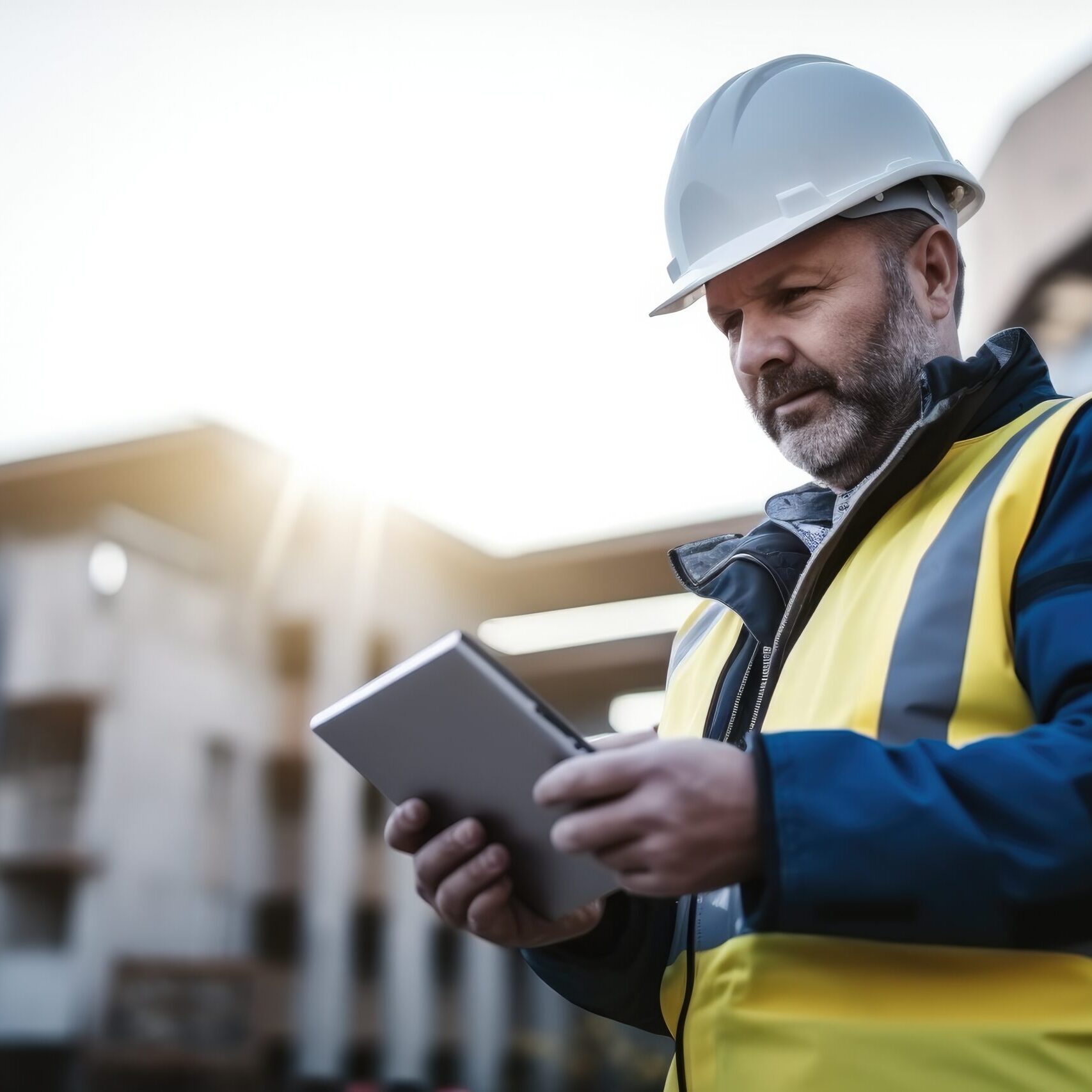 Konzept eines intelligenten Bauprojektmanagementsystems: Ingenieur nutzt ein digitales Tablet auf einer Baustelle Smart Construction Project management system concept, Engineer using a digital tablet on a construction site.